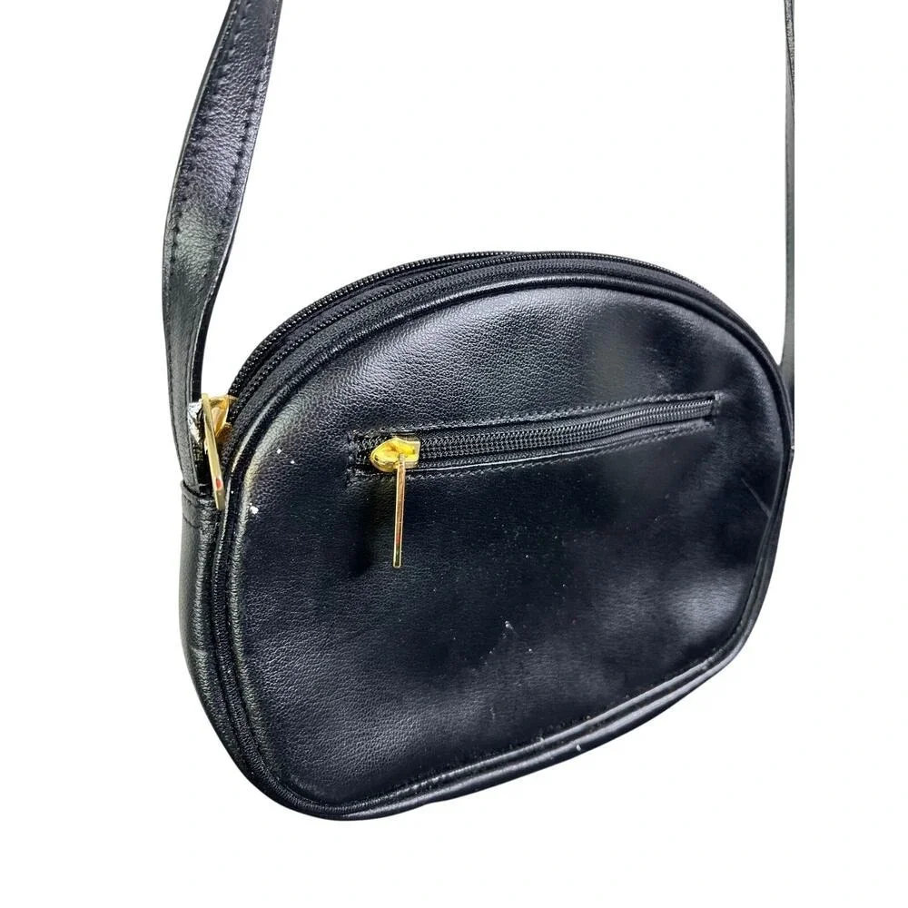 Hexagona Paris Handbag Purse  Black Oval‎ Leather Shoulder Bag Vintage Classic